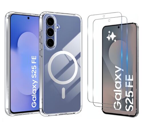 Coque Magnétique pour Samsung Galaxy S25 FE - 2 Verres Trempés, Compatible avec MagSafe, Dos Anti Rayures, Antichoc ,Transparent HQSELECTION®
