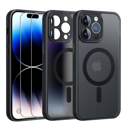 Coque Mat Magnétique pour iPhone 14 PRO MAX - 2 Verre Trempé, Compatible avec MagSafe,Protection caméra ,Translucide Antichoc HQSELECTION®