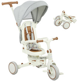 Tricycle Enfant Pliable Évolutif 5 En 1 Poignée Telescopique Auvent Amovible Marron Crème