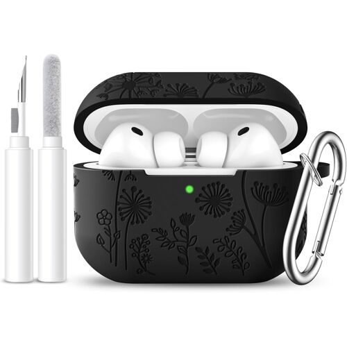 LORANKA-Étui pour Coque AirPods Pro 3 2025 - Gravé aux Fleurs Silicone Protection Housse Compatible avec Apple AirPods Pro 3 Case - Étui Anti-Chocs avec Karabine & Kit de Nettoyage - Noir