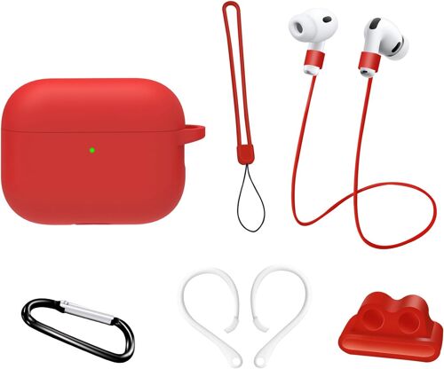 LORANKA-Étui de Protection en Silicone Compatible avec Apple AirPods Pro 3e Génération (2025): Kit D'accessoires 6 en 1 avec Support pour Montre, Porte-Clés, Cordon Anti-Perte (Rouge)