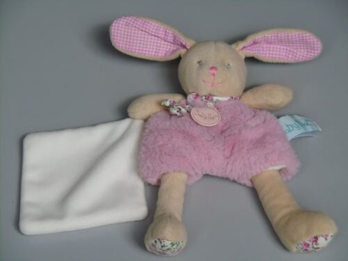 Doudou lapin Baby Nat' rose beige mouchoir blanc fleurs Poupi