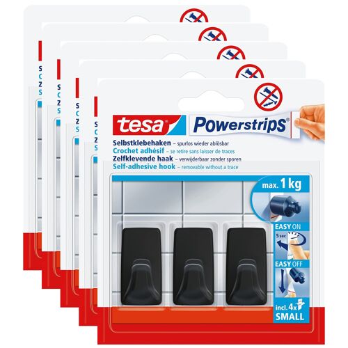 tesa Lot de 5 Powerstrips 3 Crochets Adhésif SMALL Rectangulaire Noir