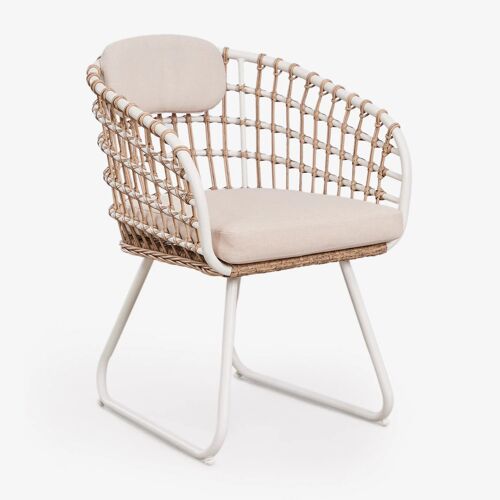 Pack de 4 chaises de salle à manger avec accoudoirs en aluminium et rotin synthétique Isaran Blanc Gardenia