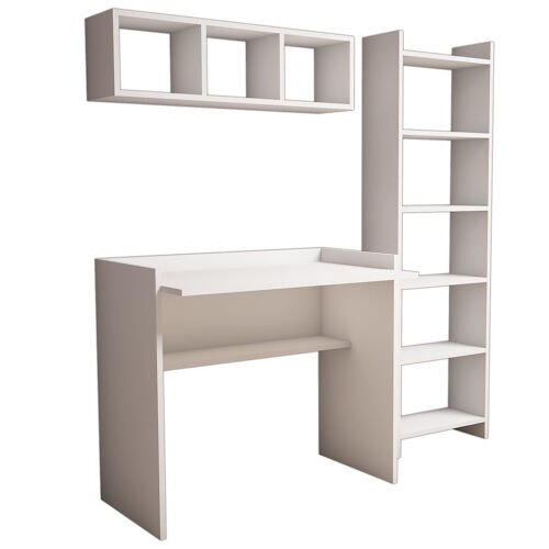 Bureau d'étude avec bibliothèque et étagère murale en bois "Matilda" - 90 x 58 x 80 cm - Blanc