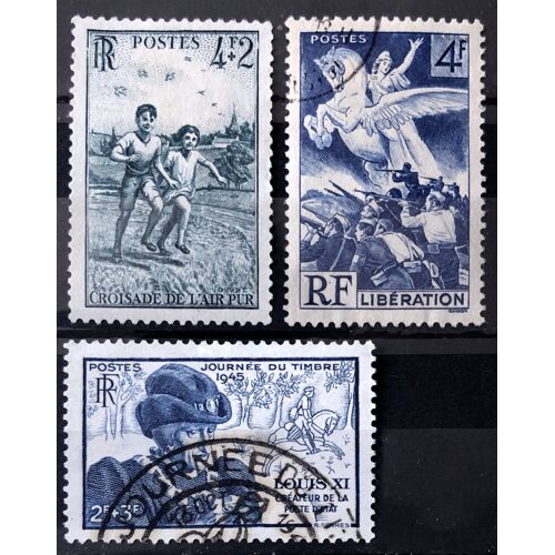 Libération 4f Bleu (N° 669) + Croisade Air Pur 4f+2f (N° 740) + Louis Xi 2f+3f Bleu (N° 743) Obl - France Année 1945 - Brn83 - N34348