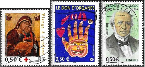 France 2004, Beaux Timbres Oblitérés Yvert 3677 Le Don D'Organes, 3717 Vierge À L'Enfant, Icône De L'École Crétoise Et 3729 Henri Wallon, Homme Politique.