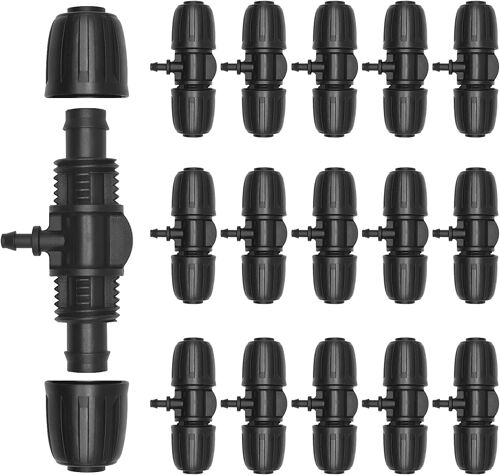 Lot de raccords en T Barbed Tee 1/2" et 1/4" Micro Drip - Diviseur d'eau durable - Connecteur d'arrosage 3 voies - Pour tuyau d'arrosage...