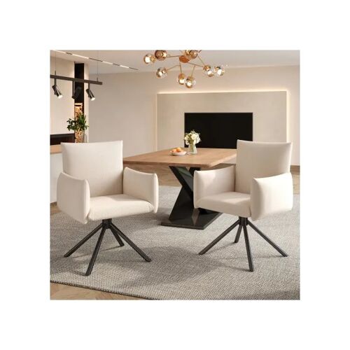 Lot de deux chaises de salle à manger, fauteuils à quatre pieds métalliques, chaises pivotantes à 360°, couleur beige.