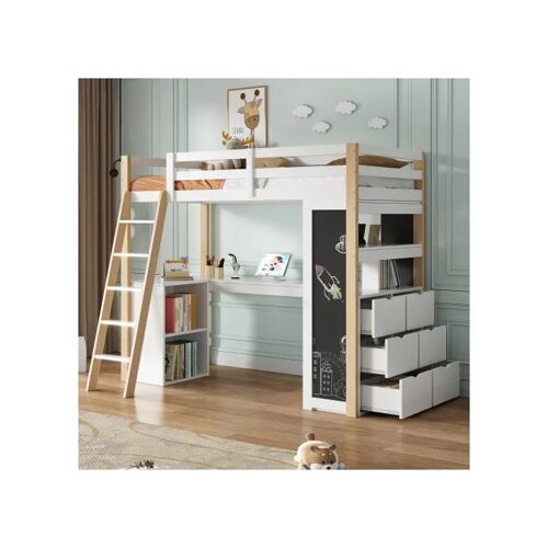 Lit multifonctionnel avec échelle, bureau, tableau noir et étagère de rangement, blanc + finition bois naturel, 90*200 cm