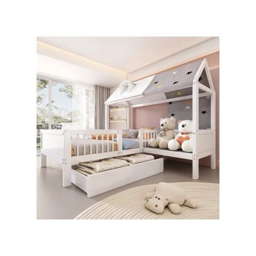 Lit pour enfant en bois de style cabane avec tissu et coussins, matelas non inclus. Dimensions : 90 x 200 cm. Couleur : blanc.