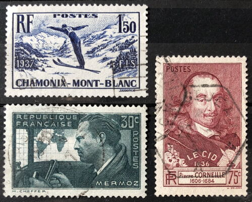Chamonix Mont Blanc 1f50 (N° 334) + Corneille - Le Cid 75c (N° 335) + Jean Mermoz 30c Vert-Gris (N° 337) Obl - France Année 1937 - Brn83 - N34396