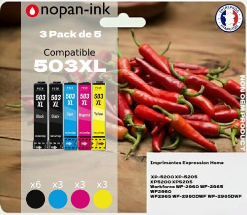 Pack de 15 Cartouches compatible pour Epson 503XL Noir & Couleurs