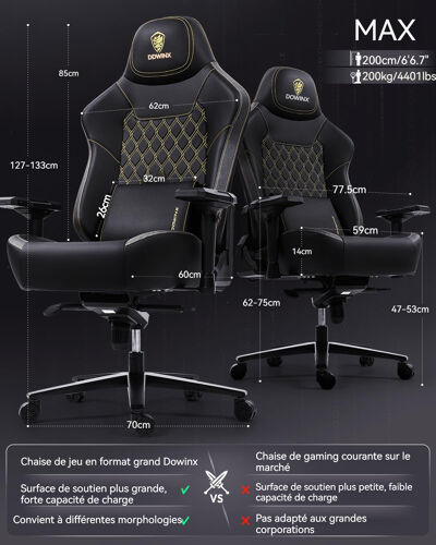 Fauteuil Gamer Dowinx, capacité de charge 200 kg, siège de bureau ergonomique avec accoudoirs 4D et support lombaire, réglable en hauteur, pour gamers et esport, noir