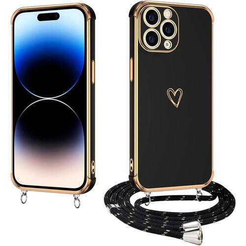 KALANKA-Coque pour iPhone 15 Pro avec Cordon, Coque pour iPhone 15 Pro Silicone avec Motif Coeur d'amour Mignon Étui Housse Antichoc avec Collier Réglable Lanyard Case, Noir
