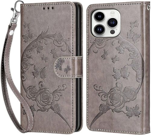 KALANKA-Coque pour iPhone 14 Pro, Housse Etui Portefeuille Cuir Multifonction, Fermeture Magnétique à Clapet Anti-Choc Compatible avec Coque IPhone 14 Pro Book - Gris