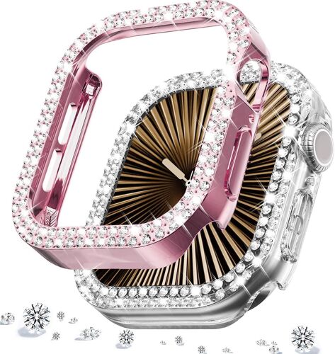 Loranka-Lot De 2 Coques De Protection Compatibles Avec Apple Watch Series 10 (46 Mm), Coque De Protection Brillante À 2 Rangées, Avec Strass Pour Iwatch X De 46 Mm, Pour Homme Et Femme (46 Mm, Rose +