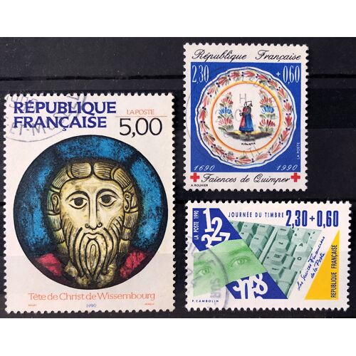 Tête De Christ De Wissembourg 5,00 (N° 2637) + Services Financiers Poste (Yeux Sur Vert) 2,30+0,60 (N° 2640) + Croix Rouge Faïences Quimper (N° 2646) Obl - France Année 1990 - Brn83 - N34399