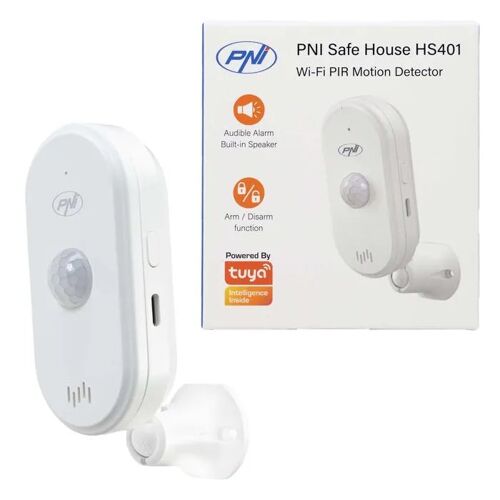 Capteur de mouvement SafeHouse HS401 PIR PIR avec Wi-Fi, app Tuya, alarme sonore 80 dB, haut-parleur intégré, USB C 5 V