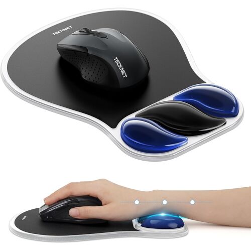 KALANKA-Tapis de Souris Ergonomique avec Repose-Poignet en Gel, Surface PVC & Base PU, Imperméable, Anti-Dérapant, Design Deux Tons en S Aéré pour Bureau, Étude, Jeu(Noir et Bleu)