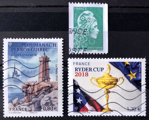Ryder Cup Golf 1,30 Euros (N° 5245) + Ploumanac'H Perros-Guirrec 0,80 Euros (N° 5244) + Marianne L'Engagée (D'Yseult / Yz) Sans Valeur Vert Roulette (N° 5255) Obl - France Année 2018 - Brn83 - N34301