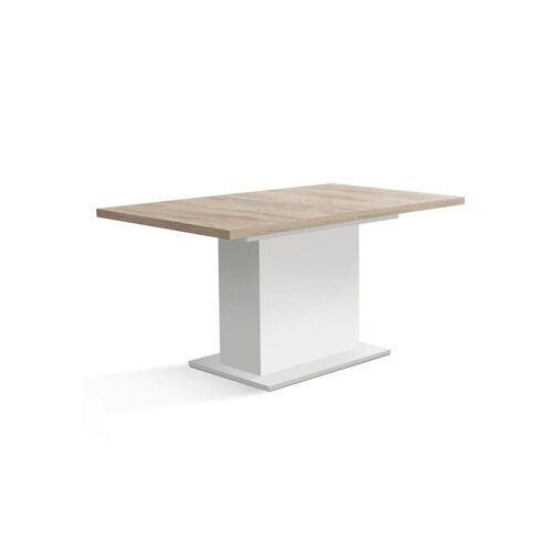 Table à manger extensible Forte ELARA 160¿200 x 90 x 76 cm plateau chêne clair piètement central blanc mat 8 personnes