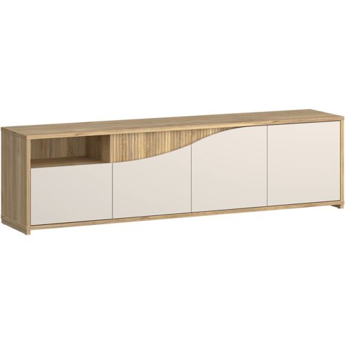 Meuble TV AUCUNE POEM 204 cm sable effet chêne, 3 portes soft-close, tiroir et niche ouverte