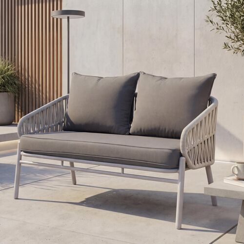 Banc De Jardin En Aluminium Hwc-P90, Canapé De Jardin, Banc D'extérieur, Tressage En Corde, Tissu/Textile (180 G/M²)   Gris Clair
