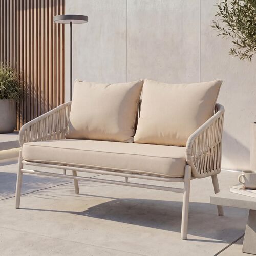 Banc De Jardin En Aluminium Hwc-P90, Canapé De Jardin Banc D'extérieur, Tressage En Corde Tissu/Textile (180 G/M²)   Crème