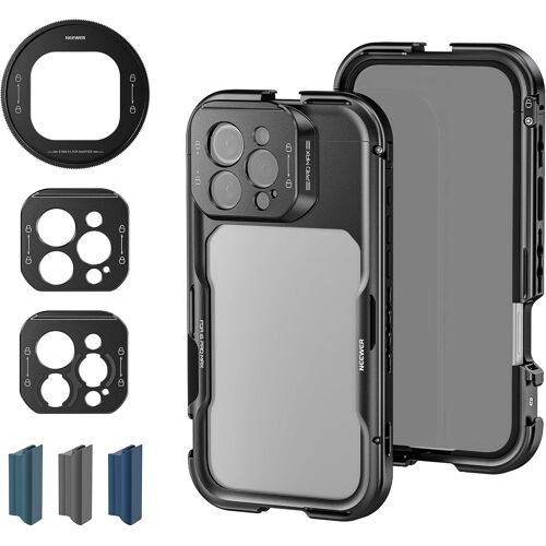 NEEWER Cage pour 16 Pro Max, Rig Stabilisateur Téléphone à Dégagement Rapide pour iPhone 16 Pro Max, Adaptateurs Filtre 67mm, Objectif 17mm & Objectif Monture T, Accès Total au Contrôle Caméra, PA074