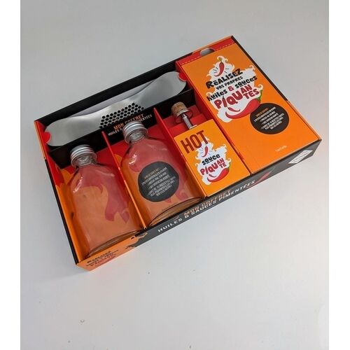 Réalisez Vos Propres Huiles & Sauces Piquantes - Coffret Avec 2 Petites Bouteilles En Verre + 1 Presse-Ail En Inox + 1 Bec Verseur Adapté