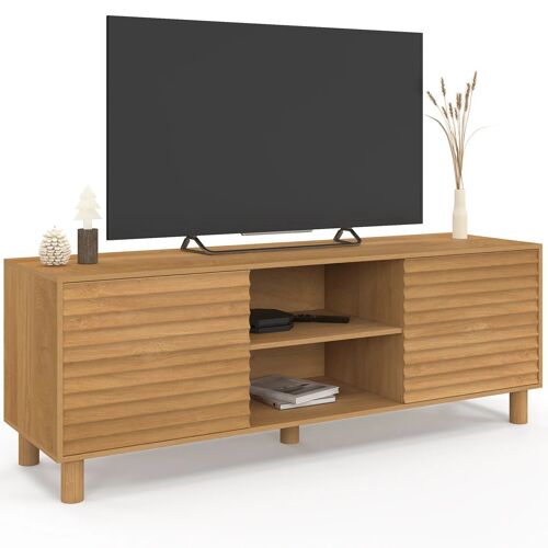 Meuble TV 140 cm JULIE 2 portes lattes tasseau bois coloris chêne