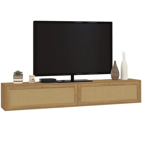 Meuble TV 180 cm suspendu HANAE 2 portes effet naturel cannage