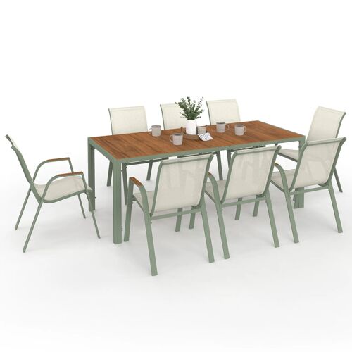 Salon De Jardin Noumea Table 190 Cm Plateau Verre Trempé Effet Bois Et 8 Chaises Empilables Vert Et Bois