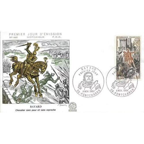 France 1969, Belle Enveloppe 1er Jour Fdc 698, Timbre Yvert 1617, Le Chevalier Bayard À La Bataille De Brescia, Belle Illustration Relief De Decaris.