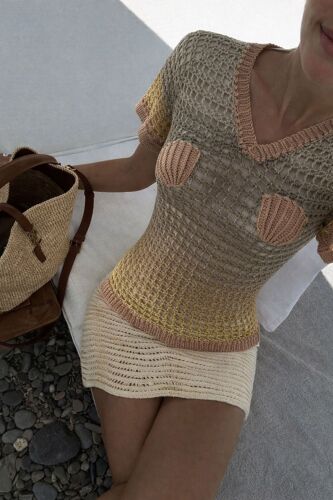 Haut Crochet Fait Main Beige & Terracotta – Top Ajouré Bohème – Pièce Unique S – Summer Knit Artisanal