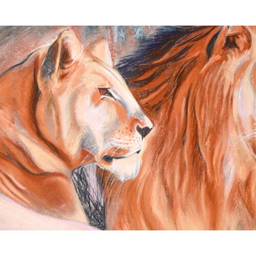 « Lions Devant Le Kilimandjaro (Allégorie De L’Avenir) » - Peinture Au Pastel Sur Papier Arches, 70x50 Cm
