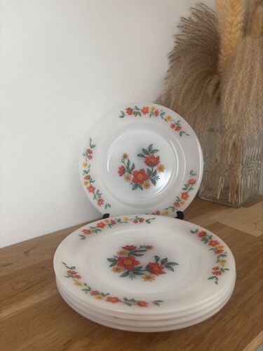 Vintage Lot De 5 Assiettes À Dessert Arcopal Fleuries Jaunes Et Oranges