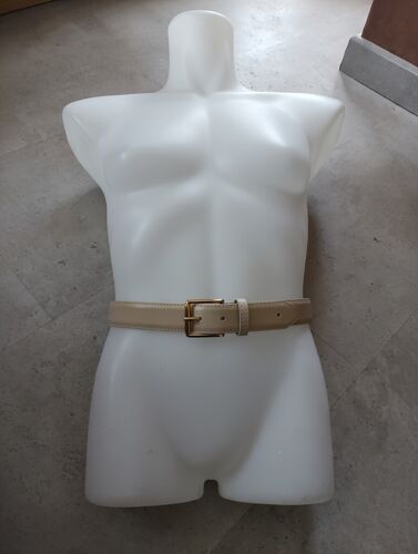 Ceinture Blanche Et Beige Et Boucle Dorée Refente De Cuir De Vachette Doublé Synthétique Douglas Made In France Long 95 Cm
