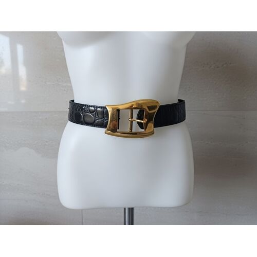 Ceinture Noire Vernis Croute De Vachette Double Vinyl Made In France Et Boucle Dorée Long 80 Cm