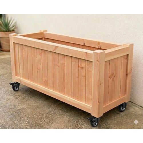 Bac Jardiniere En Bois Douglas 145x50x60 Sur Roulettes