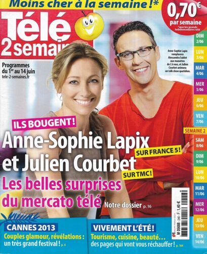 Tele 2 Semaines N°246 01/06/2013 Mercato Tv: Anne-Sophie Lapix &amp; Julien Courbet/ Cannes/ Bradley Cooper/ The Voice/ L'Histoire À La Télé/ Le Lion
