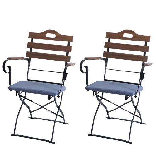 Lot De 2 Chaises De Terrasse Hwc-J40, Chaise Pliante, Qualité Restauration, Acacia   Marron Clair, Coussin Bleu