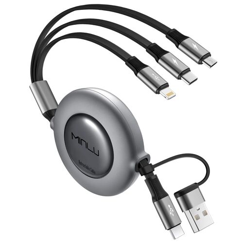 KALANKA-Câble Chargeur Multi Embout, 5 en 1 Câble Multi USB Rétractable, 1,2m Câble de Charge Rapide, Cable Multi Chargeur avec Lightning Micro USB Type C pour Série iPhone,Android,Série Galaxy,Table