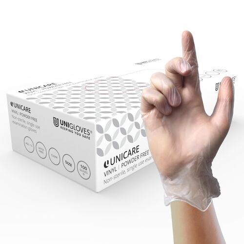 Kalanka-Unigloves Unicare Vinyl Gants Jetables, Sans Poudre, Sans Latex, Poids Moyen, Boîte De 100 Gants, Transparents, Taille L (Gs0064)