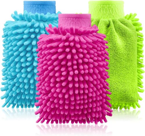 Loranka-® Gant De Lavage En Microfibre Et Chenille Pour Voitures Et Ménage - Nettoyage Et Entretien Automobile (3 Pièces - Bleu/Rose/Vert Fluo)