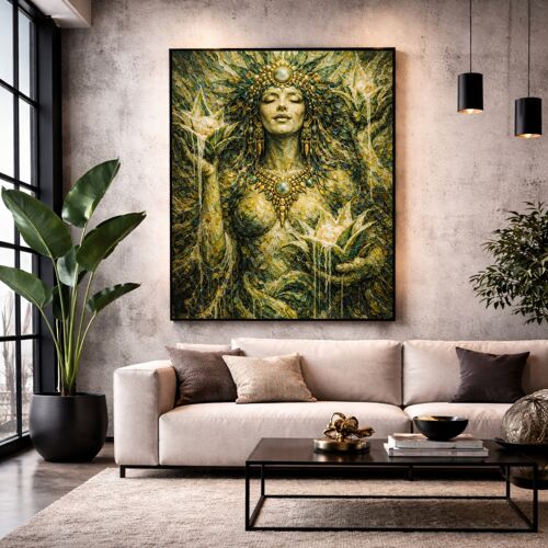 Affiche Murale De La Déesse Aztèque Mayahuel – Déesse De L’Agave – Art Mural Sacré – Peinture Texturée Vert & Or – Format 70×100 Cm