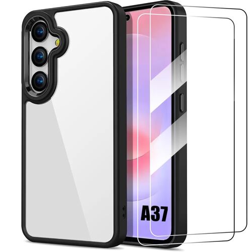 Coque + 2 Verres Trempés pour Samsung Galaxy A37 5G, Silicone Noir avec Dos Transparent Rigide - E.F.Connection