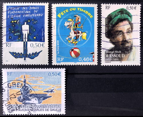 Lucky Luke 0,46 Euros (N° 3546) + Commandant Massoud 0,50 Euros (N° 3594) + Porte-Avions Charles De Gaulle (N° 3557) + Charte Droits Fondamentaux (N° 3555) Obl - France Année 2003 - Brn83 - N17784
