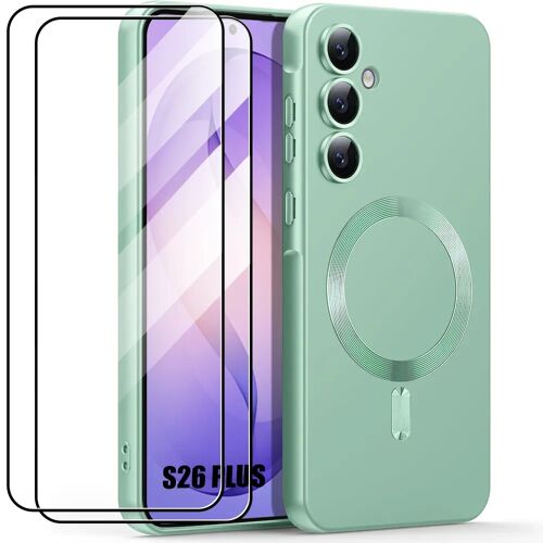 Coque + 2 Verres Trempés pour Samsung Galaxy S26 Plus, Protection Silicone Fine Antichoc avec Anneau Magnétique - Vert - E.F.Connection